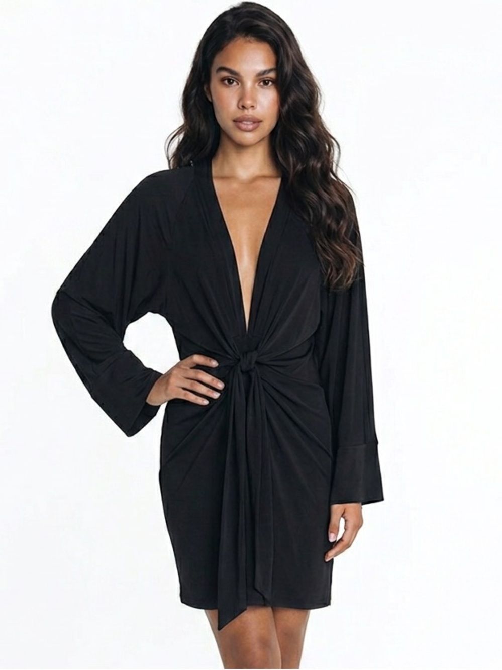 BLAQUE LABEL | NEW Black Kimono Style Tie Front Plunge Neck Dress Women’s Size M